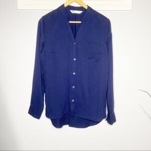 Fig Metro Navy Blue Split Neck Blouse XS button Lyocell